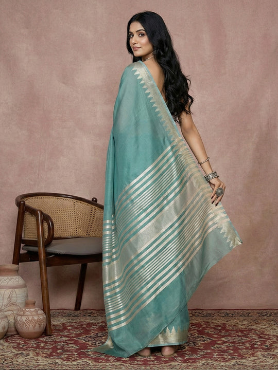 TEAL COTTON Saree With Blouse Piece