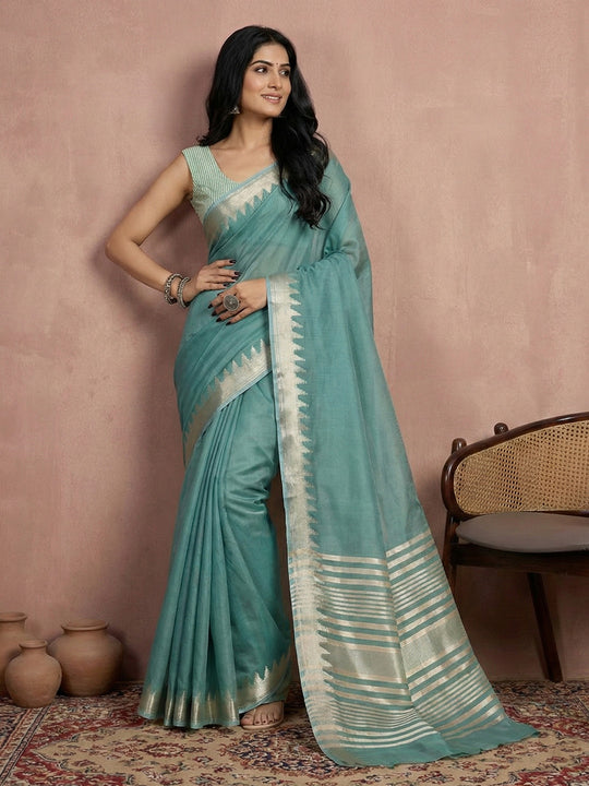 TEAL COTTON Saree With Blouse Piece