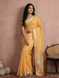 Mustrd Yellow Cotton Saree With Blouse Piece