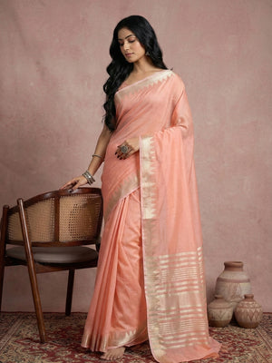 Peach Cotton Saree With Blouse Piece