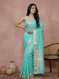 Turquise Cotton Saree With Blouse Piece