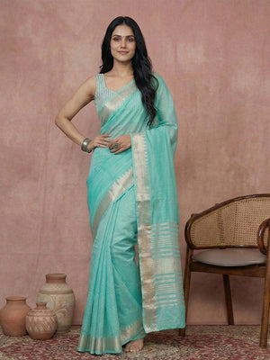 Turquise Cotton Saree With Blouse Piece