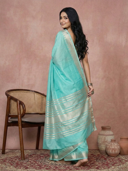 Turquise Cotton Saree With Blouse Piece