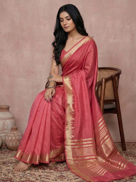 Maroon Cotton Saree With Blouse Piece