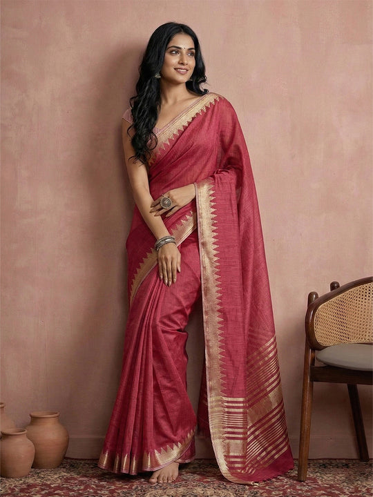 Maroon Cotton Saree With Blouse Piece