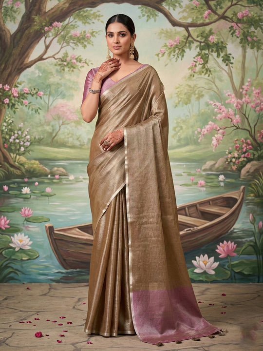 Brown Tissue Silk Saree With Blouse Piece