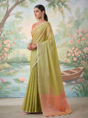 Green Tissue Silk Saree With Blouse Piece