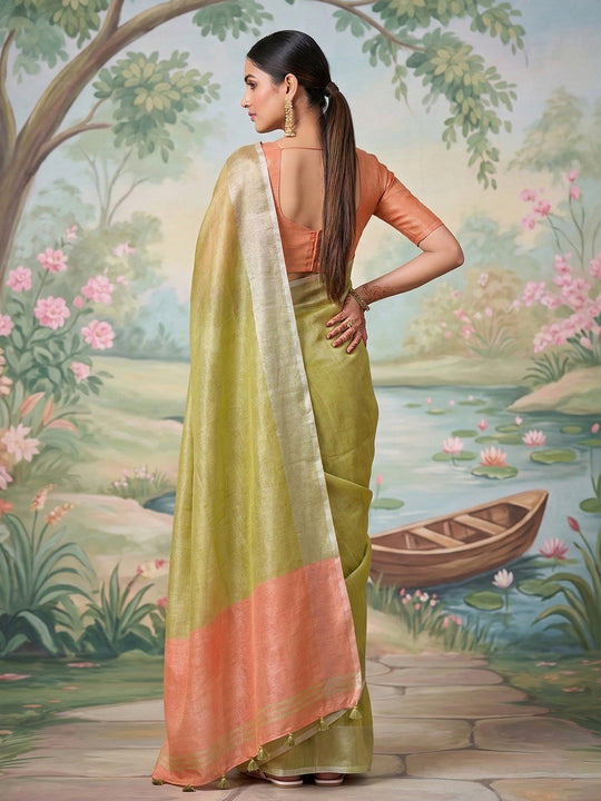 Green Tissue Silk Saree With Blouse Piece