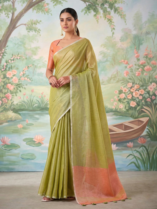 Green Tissue Silk Saree With Blouse Piece