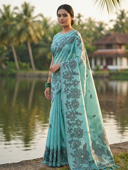 Sea Green Linen Cotton Saree With Blouse Piece