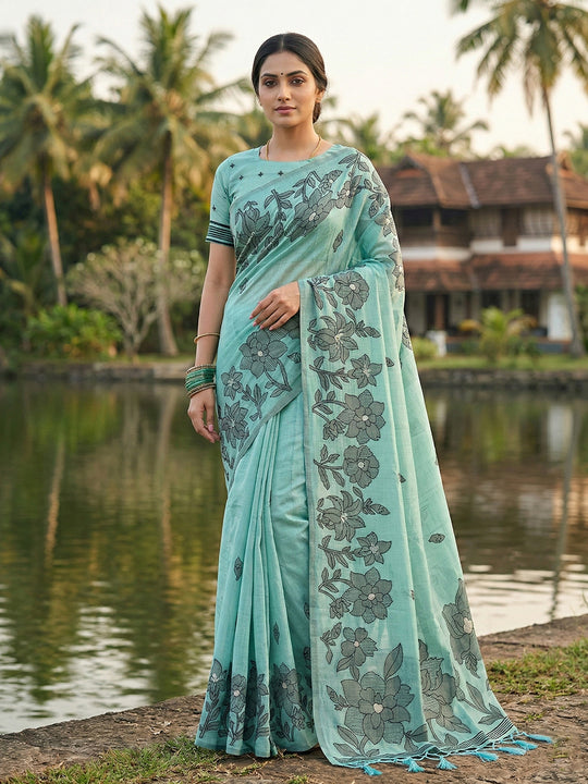 Sea Green Linen Cotton Saree With Blouse Piece