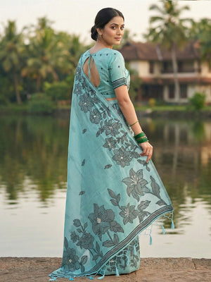 Sea Green Linen Cotton Saree With Blouse Piece