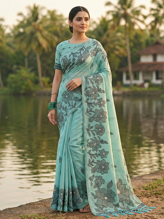 Sea Green Linen Cotton Saree With Blouse Piece