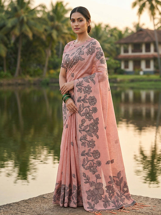 Peach Linen Cotton Saree With Blouse Piece