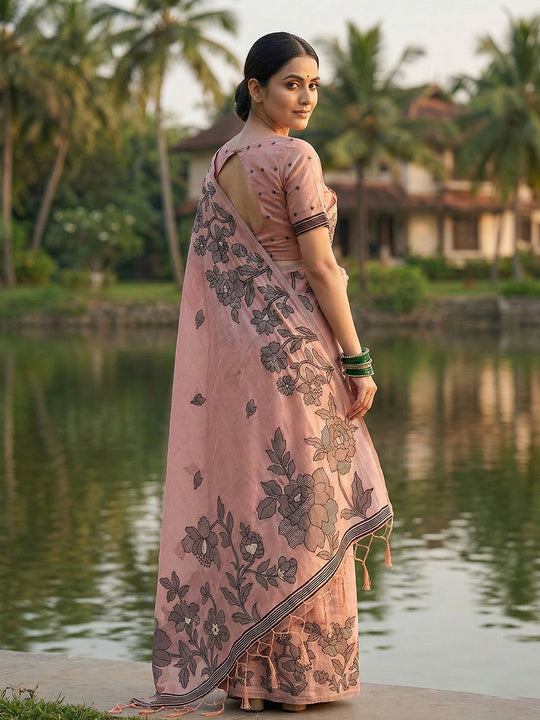 Peach Linen Cotton Saree With Blouse Piece