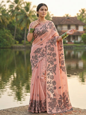 Peach Linen Cotton Saree With Blouse Piece