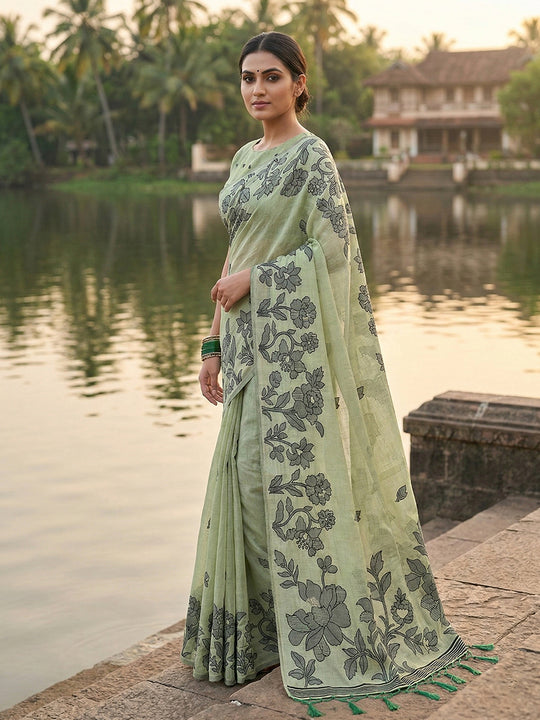 Light Green Linen Cotton Saree With Blouse Piece