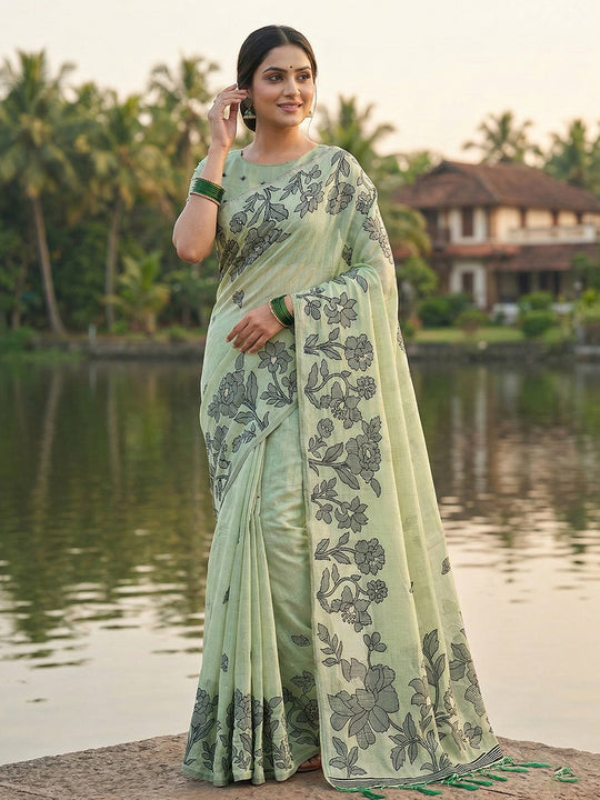 Light Green Linen Cotton Saree With Blouse Piece