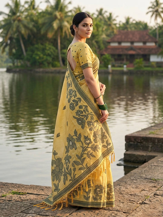 Yellow Linen Cotton Saree With Blouse Piece