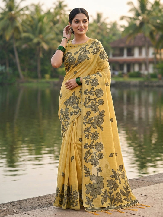 Yellow Linen Cotton Saree With Blouse Piece