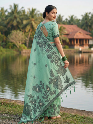 Rama Green Linen Cotton Saree With Blouse Piece