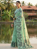 Rama Green Linen Cotton Saree With Blouse Piece