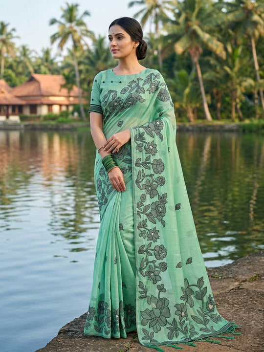 Rama Green Linen Cotton Saree With Blouse Piece
