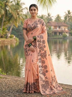 Orange Linen Cotton Saree With Blouse Piece