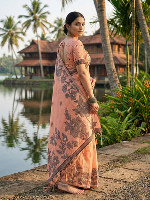Orange Linen Cotton Saree With Blouse Piece