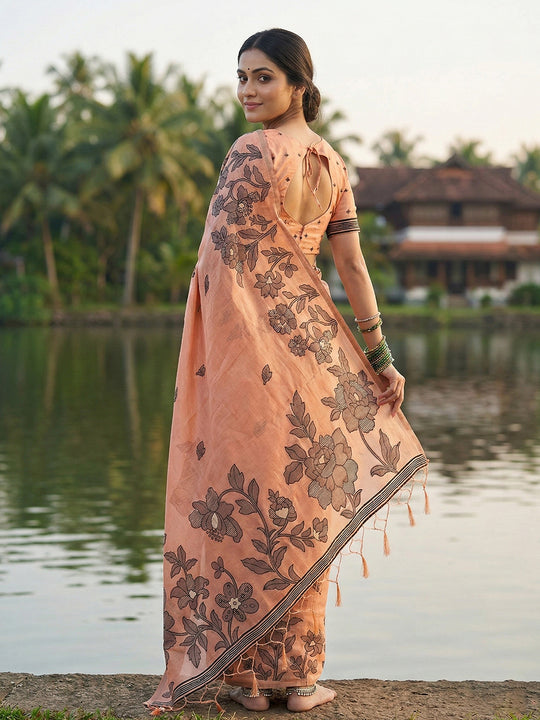 Orange Linen Cotton Saree With Blouse Piece