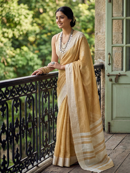 Mustrd Yellow Linen Saree With Blouse Piece