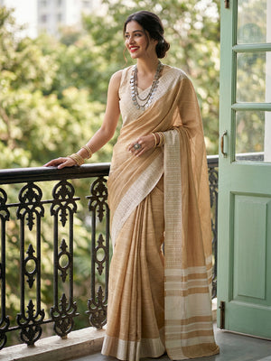 Mustrd Yellow Linen Saree With Blouse Piece