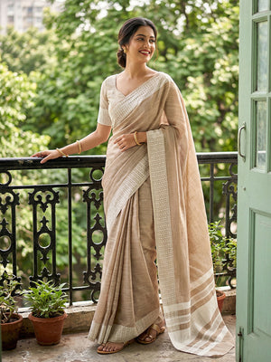 Lite Brown Linen Saree With Blouse Piece