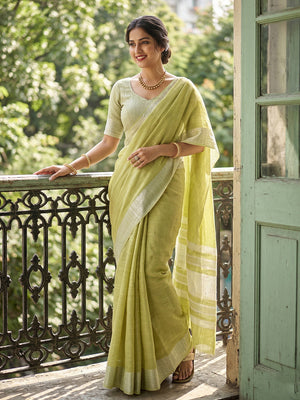 Popat Green Linen Saree With Blouse Piece