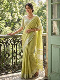 Popat Green Linen Saree With Blouse Piece