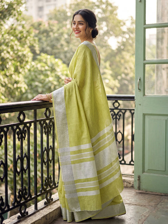 Popat Green Linen Saree With Blouse Piece