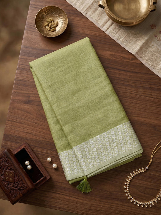 Popat Green Linen Saree With Blouse Piece