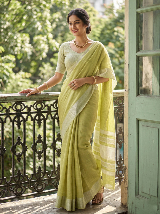 Popat Green Linen Saree With Blouse Piece