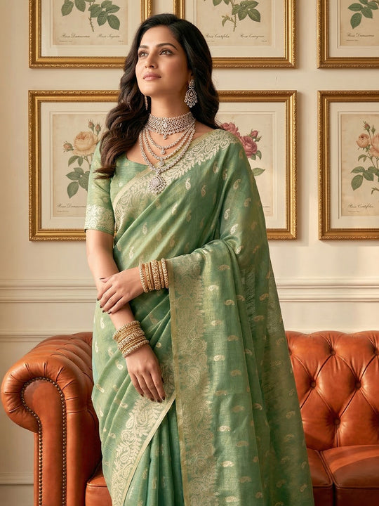 Green Tissue Silk Saree With Blouse Piece