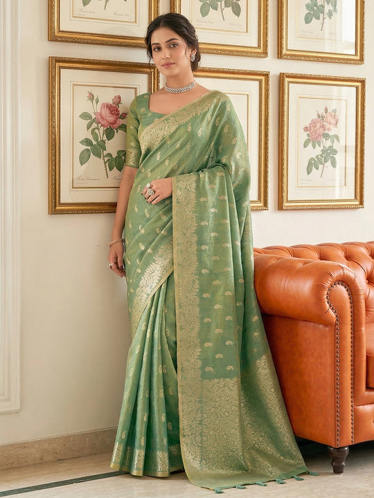 Green Tissue Silk Saree With Blouse Piece