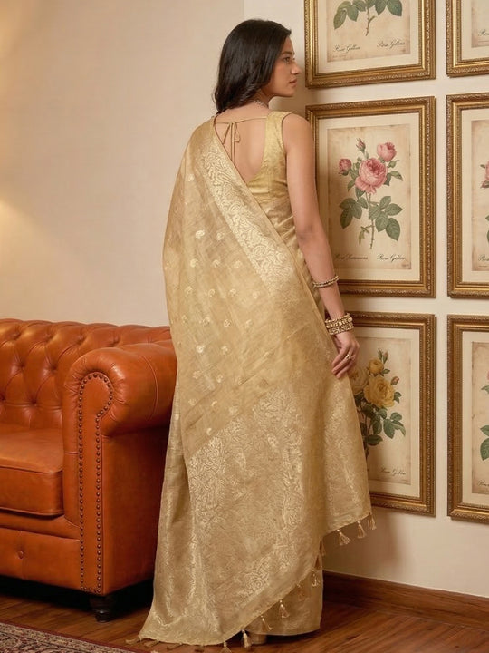 Cream Tissue Silk Saree With Blouse Piece