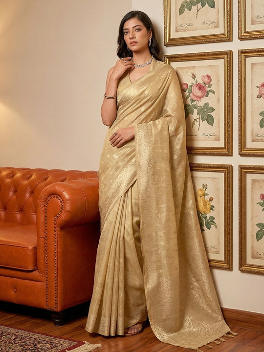 Cream Tissue Silk Saree With Blouse Piece