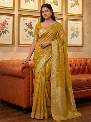Mustrd Tissue Silk Saree With Blouse Piece