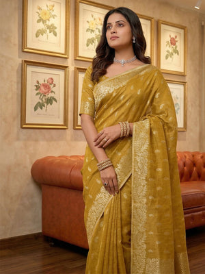 Mustrd Tissue Silk Saree With Blouse Piece