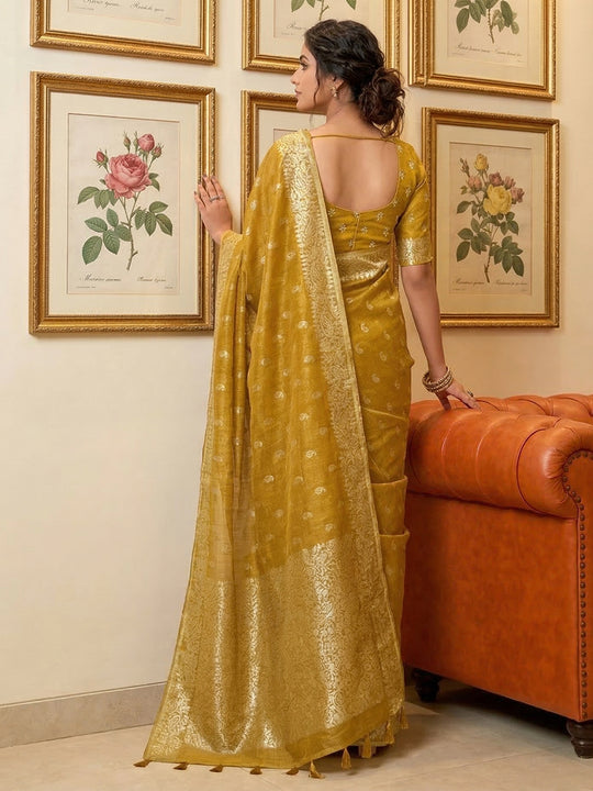 Mustrd Tissue Silk Saree With Blouse Piece