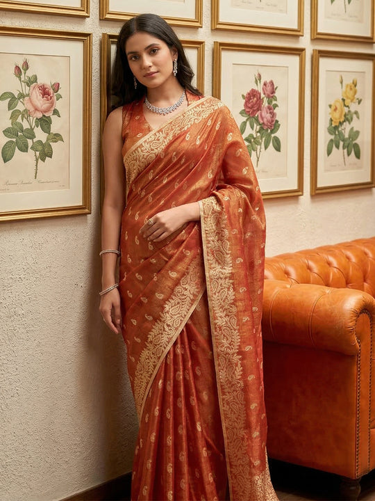 Rust Tissue Silk Saree With Blouse Piece