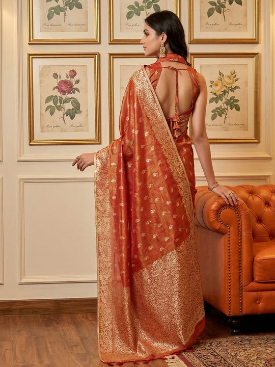 Rust Tissue Silk Saree With Blouse Piece