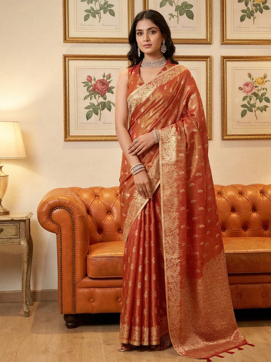 Rust Tissue Silk Saree With Blouse Piece