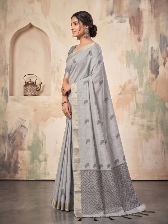 Gray Linen Saree With Blouse Piece