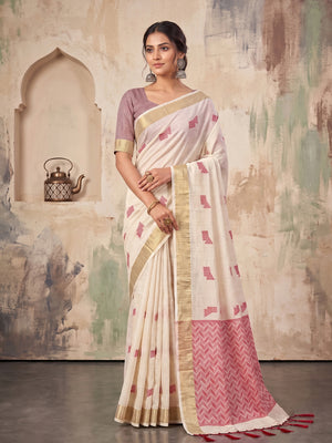 Cream Linen Saree With Blouse Piece